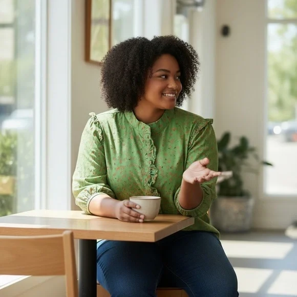Eloquii Green Printed Button Down Shirt with Ruffle front and ruffle shoulder - Picture 11 of 13